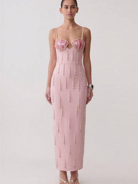 Spaghetti Strap Waterfall Pearl Bandage Dress