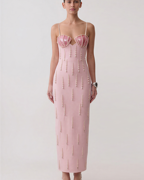 Spaghetti Strap Waterfall Pearl Bandage Dress