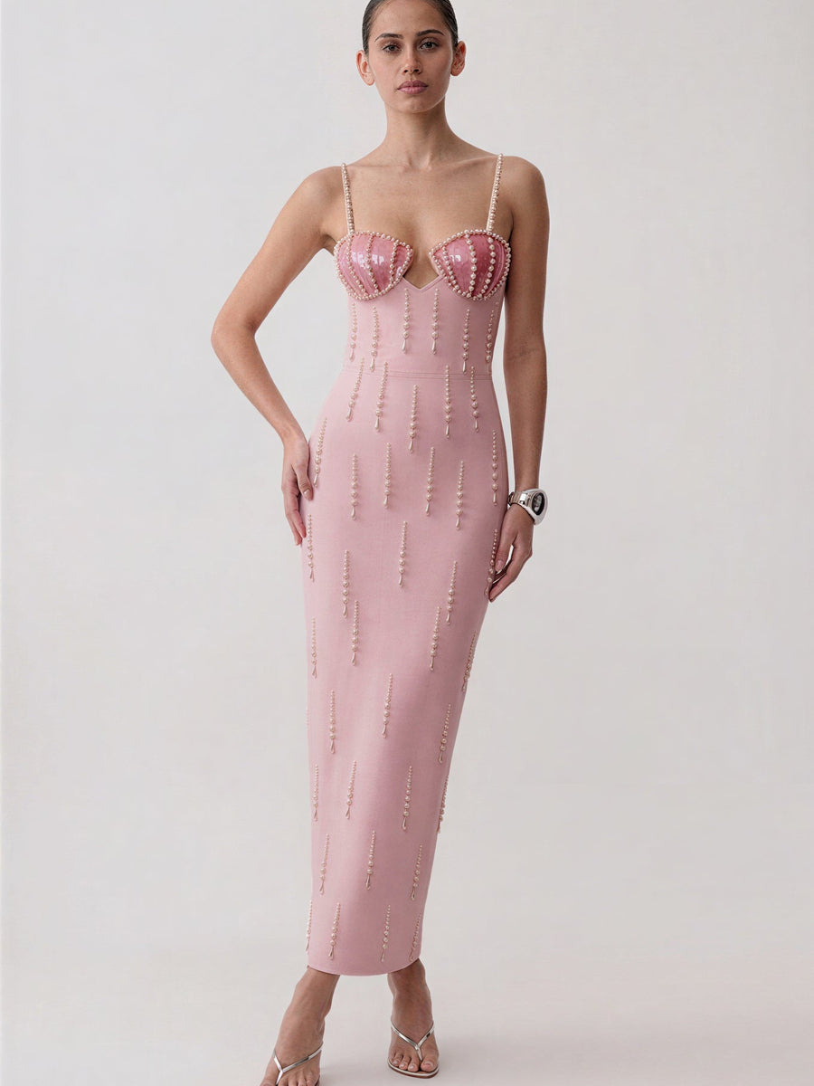 Spaghetti Strap Waterfall Pearl Bandage Dress
