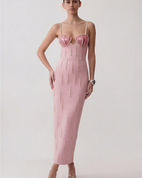 Spaghetti Strap Waterfall Pearl Bandage Dress