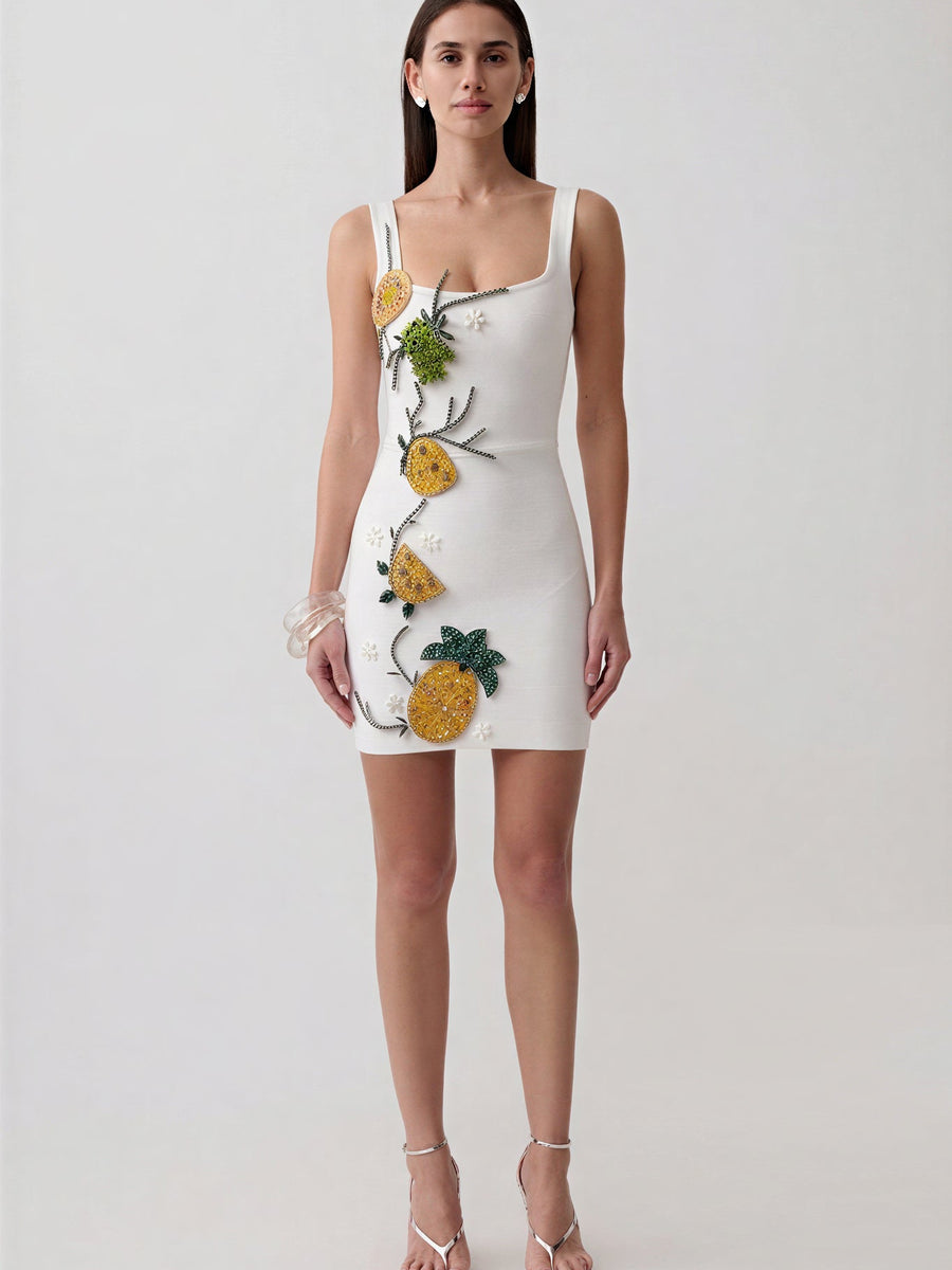 Isadora Sol — Tropical Fruit Rhinestone Bandage Mini Dress