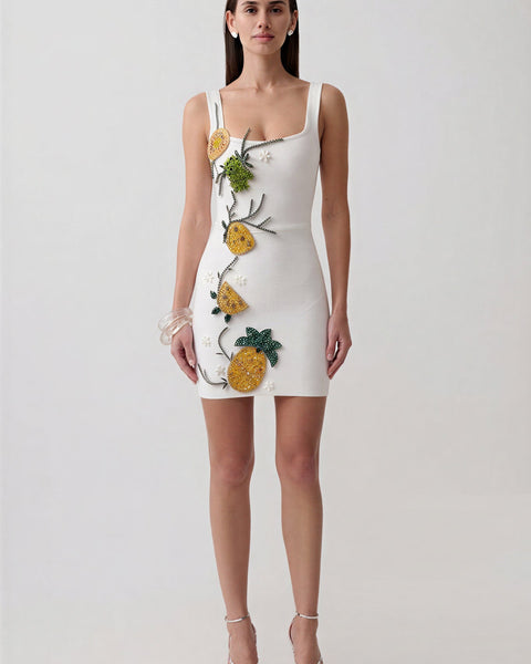 Isadora Sol — Tropical Fruit Rhinestone Bandage Mini Dress