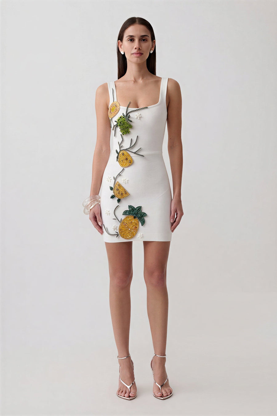 Mini-robe bandage ornée de strass motif fruits tropicaux