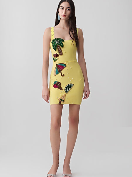 Marisol Fontaine — Beach Party Tropical Rhinestone Bandage Mini Dress