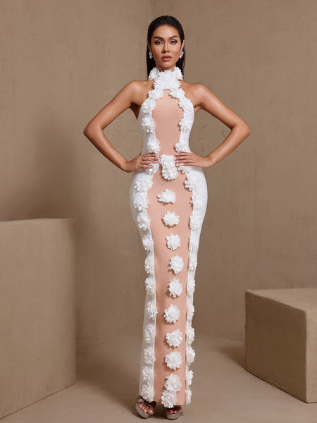 Halter Neck 3D Flowers Bandage Maxi Dress
