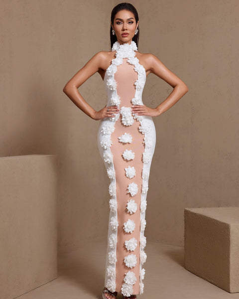 Halter Neck 3D Flowers Bandage Maxi Dress