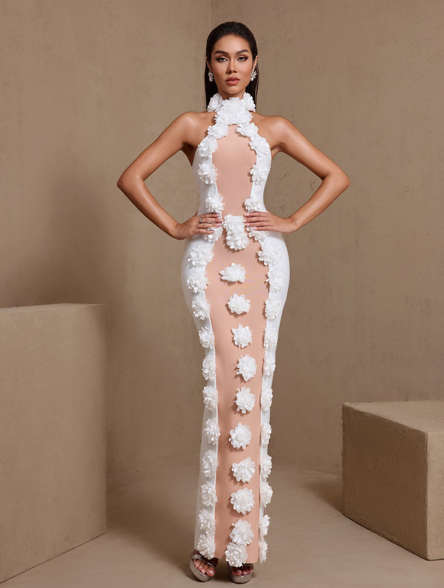 Francesca Moreau — Halter Neck 3D Flowers Bandage Maxi Dress