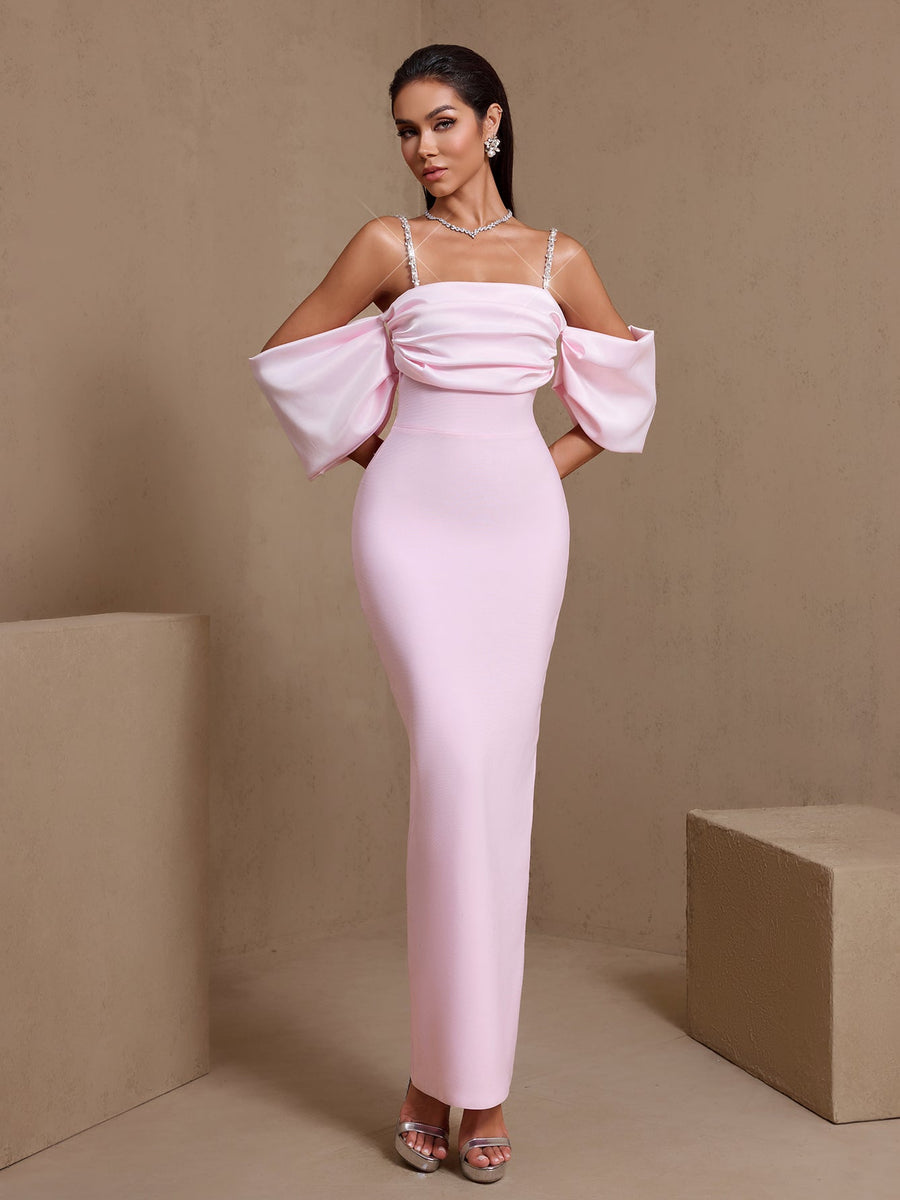 Céleste Armand — Rhinestone Strap Pleated Bandage Maxi Dress, alternate view 5