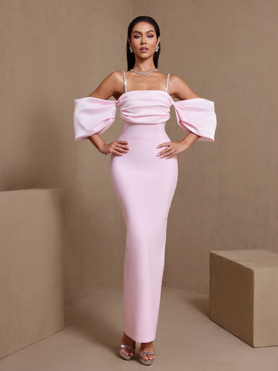 Céleste Armand — Rhinestone Strap Pleated Bandage Maxi Dress, alternate view 3