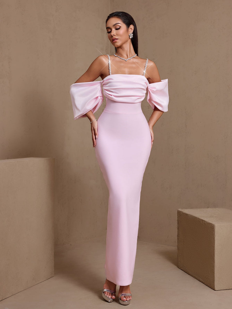 Céleste Armand — Rhinestone Strap Pleated Bandage Maxi Dress