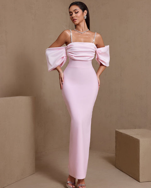 Céleste Armand — Rhinestone Strap Pleated Bandage Maxi Dress