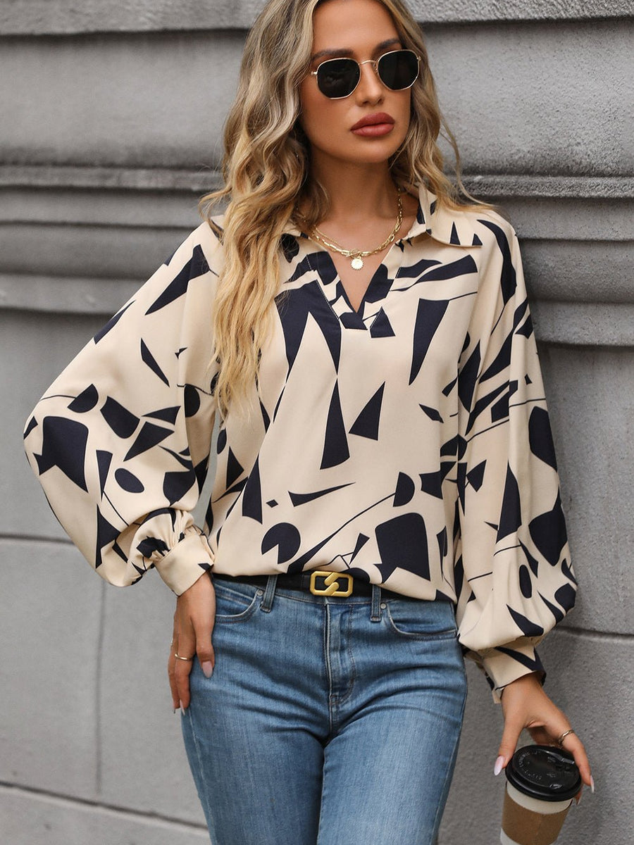 Printed Johnny Collar Blouse - Opulent EmpirePrinted Johnny Collar BlouseOpulent Empire