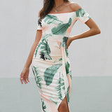 Printed Off-Shoulder Split Dress - Opulent EmpirePrinted Off-Shoulder Split DressOpulent Empire