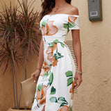 Printed Off-Shoulder Split Dress - Opulent EmpirePrinted Off-Shoulder Split DressOpulent Empire