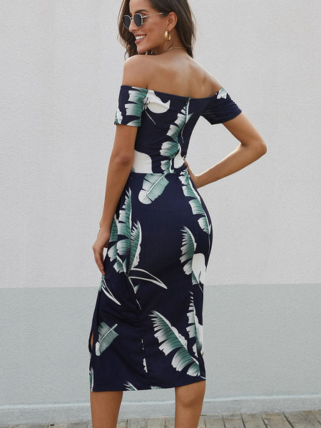 Printed Off-Shoulder Split Dress - Opulent EmpirePrinted Off-Shoulder Split DressOpulent Empire