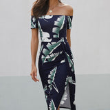 Printed Off-Shoulder Split Dress - Opulent EmpirePrinted Off-Shoulder Split DressOpulent Empire