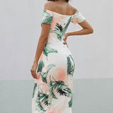 Printed Off-Shoulder Split Dress - Opulent EmpirePrinted Off-Shoulder Split DressOpulent Empire