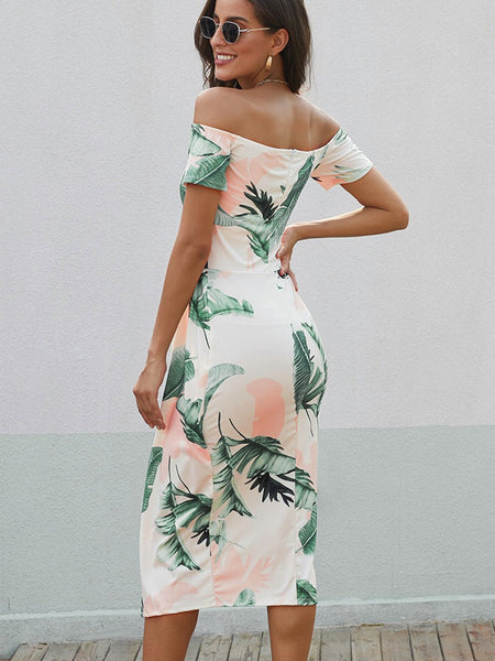 Printed Off-Shoulder Split Dress - Opulent EmpirePrinted Off-Shoulder Split DressOpulent Empire