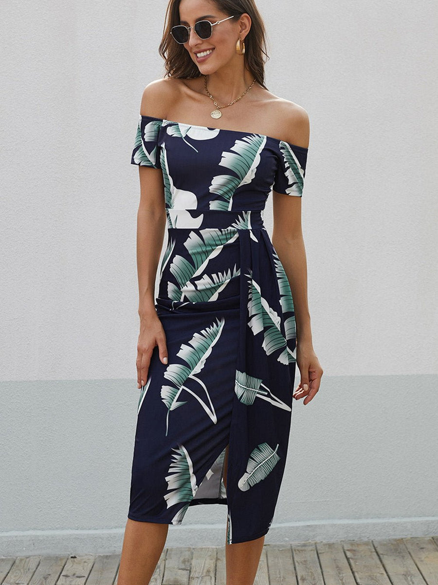 Printed Off-Shoulder Split Dress - Opulent EmpirePrinted Off-Shoulder Split DressOpulent Empire