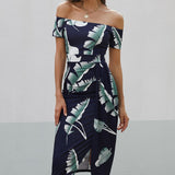 Printed Off-Shoulder Split Dress - Opulent EmpirePrinted Off-Shoulder Split DressOpulent Empire