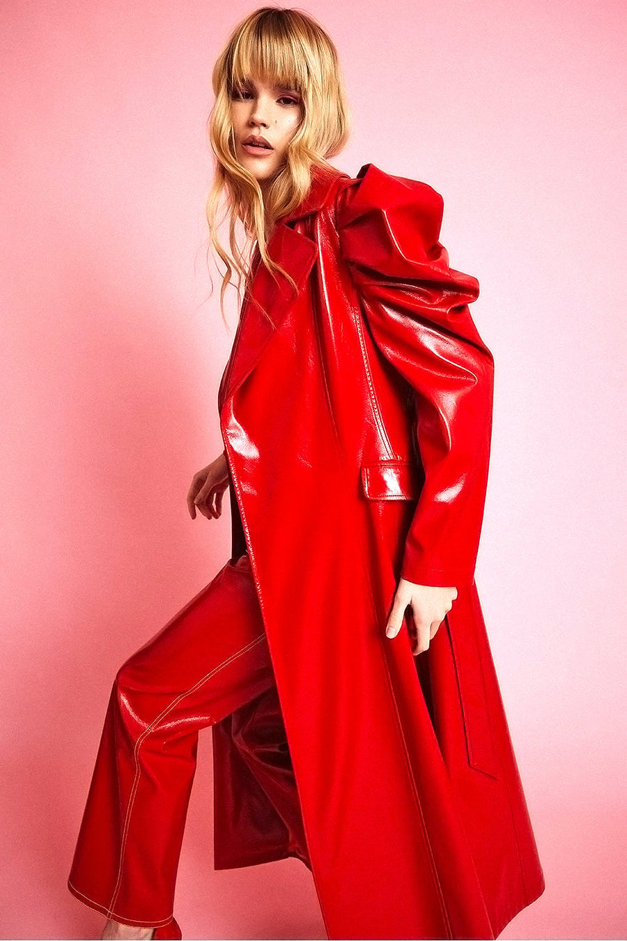 Lucasta — Red Eco Leather Grande Maxi Trench Coat, alternate view 2