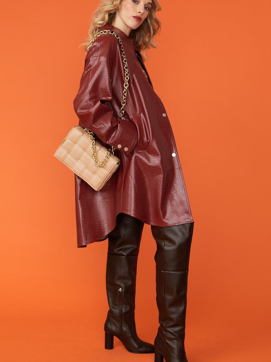 Red Oversized Faux Suede Leather Trench Coat with Exaggerated Collar-2