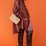 Red Oversized Faux Suede Leather Trench Coat with Exaggerated Collar-2