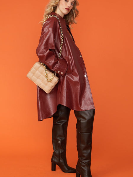 Red Oversized Faux Suede Leather Trench Coat with Exaggerated Collar-2