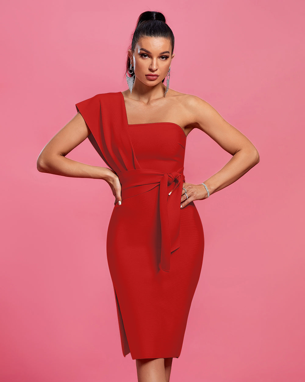 Undine Beaumont — Chic One-Shoulder Belted Bandage Dress for Your Next Party