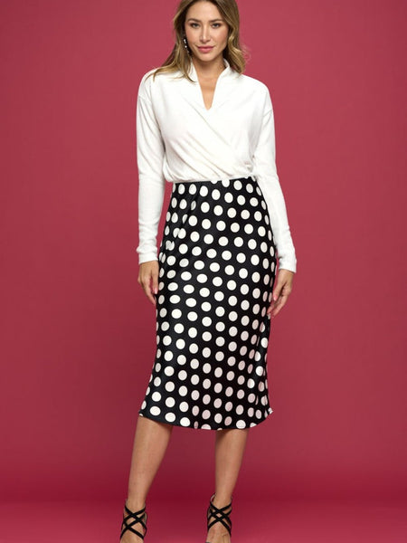 RENEE C Polka Dot Satin Midi Skirt - Opulent EmpireRENEE C Polka Dot Satin Midi SkirtOpulent Empire