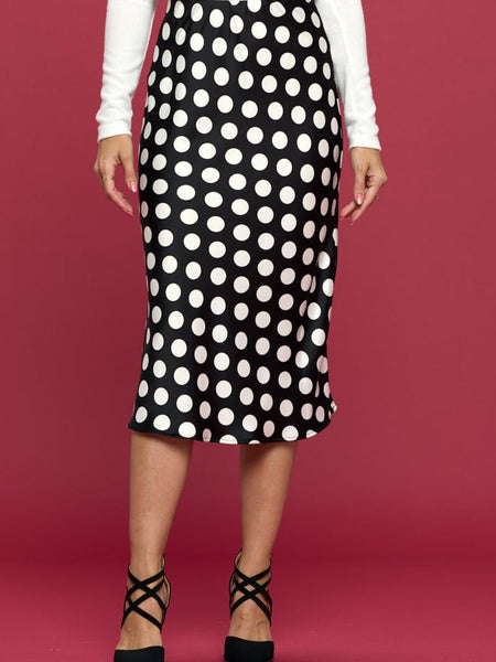 RENEE C Polka Dot Satin Midi Skirt - Opulent EmpireRENEE C Polka Dot Satin Midi SkirtOpulent Empire