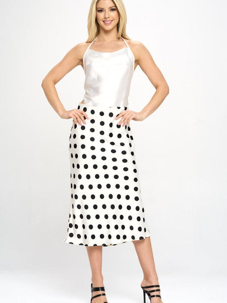 RENEE C Polka Dot Satin Midi Skirt - Opulent EmpireRENEE C Polka Dot Satin Midi SkirtOpulent Empire