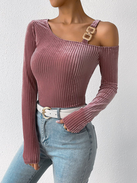 Ribbed Long Sleeve Asymmetrical Blouse - Opulent EmpireRibbed Long Sleeve Asymmetrical BlouseOpulent Empire