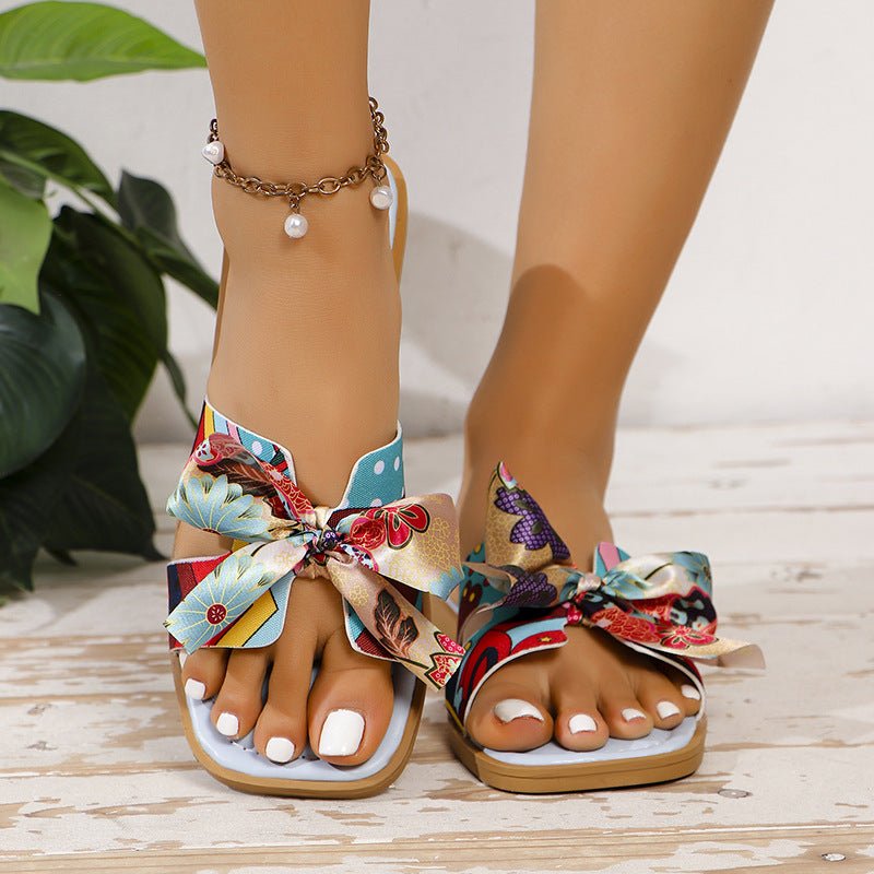 Ribbon Bow Sandals Summer New Square Toe Low Heel Sandal For Women Slides Fashion Casual Beach Shoes - Opulent EmpireRibbon Bow Sandals Summer New Square Toe Low Heel Sandal For Women Slides Fashion Casual Beach ShoesOpulent Empire4