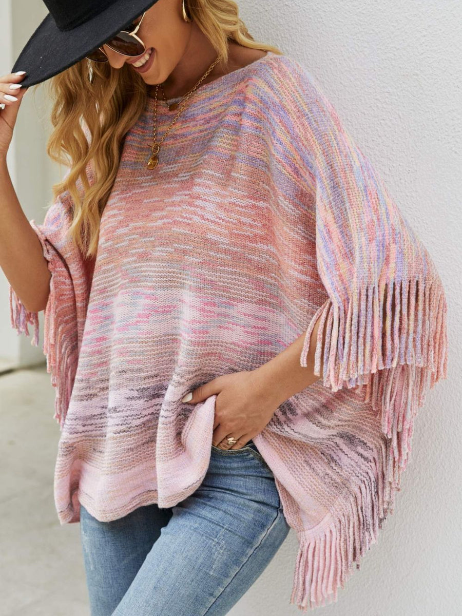 Round Neck Fringe Detail Poncho - Opulent EmpireRound Neck Fringe Detail PonchoOpulent EmpireClothing