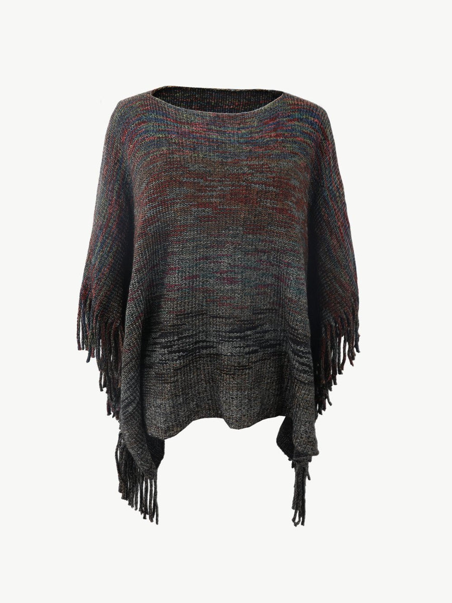 Round Neck Fringe Detail Poncho - Opulent EmpireRound Neck Fringe Detail PonchoOpulent EmpireClothing