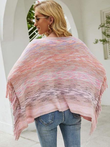 Round Neck Fringe Detail Poncho - Opulent EmpireRound Neck Fringe Detail PonchoOpulent EmpireClothing