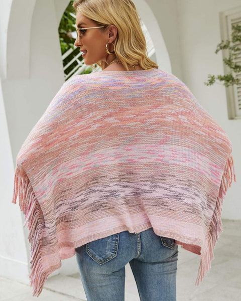 Round Neck Fringe Detail Poncho - Opulent EmpireRound Neck Fringe Detail PonchoOpulent EmpireClothing