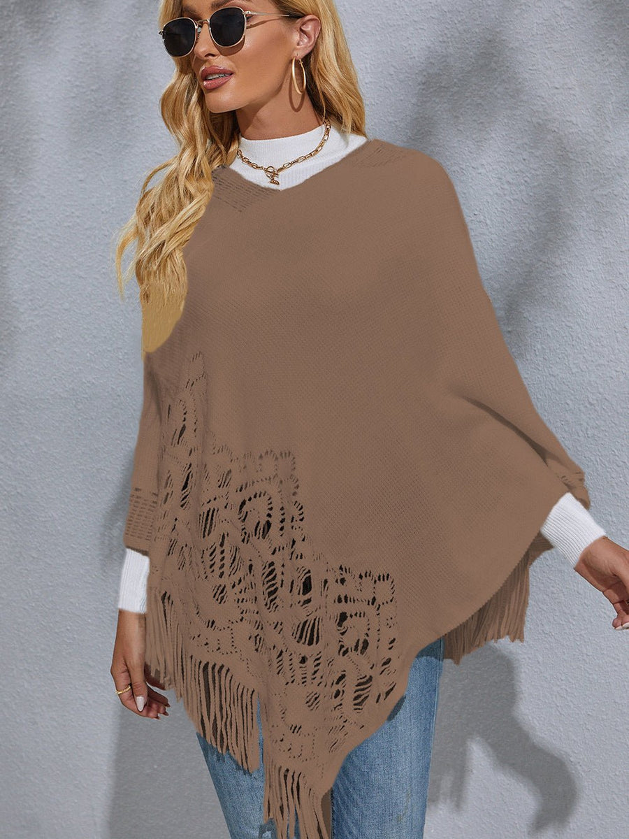 Round Neck Fringe Detail Poncho - Opulent EmpireRound Neck Fringe Detail PonchoOpulent EmpireClothing