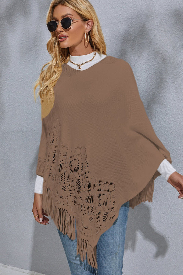 Round Neck Fringe Detail Poncho - Opulent EmpireRound Neck Fringe Detail PonchoOpulent EmpireClothing