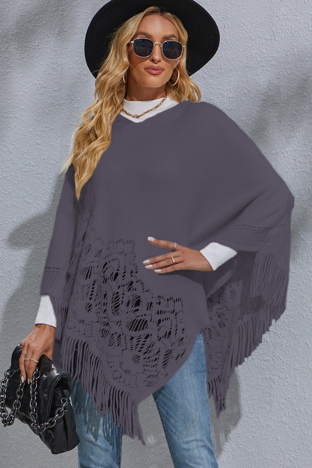 Round Neck Fringe Detail Poncho - Opulent EmpireRound Neck Fringe Detail PonchoOpulent EmpireClothing