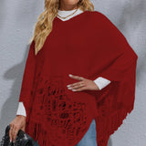 Round Neck Fringe Detail Poncho - Opulent EmpireRound Neck Fringe Detail PonchoOpulent EmpireClothing