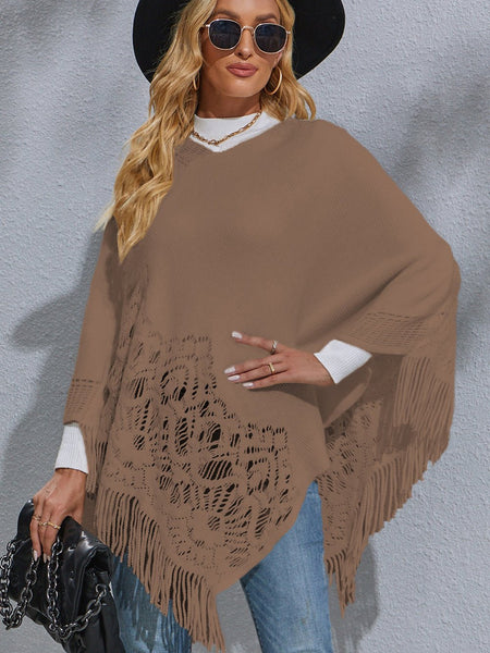 Round Neck Fringe Detail Poncho - Opulent EmpireRound Neck Fringe Detail PonchoOpulent EmpireClothing