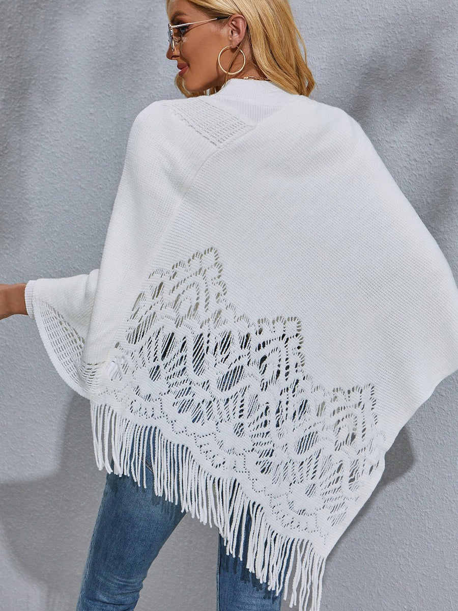 Round Neck Fringe Detail Poncho - Opulent EmpireRound Neck Fringe Detail PonchoOpulent EmpireClothing