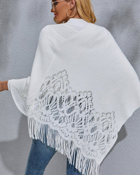 Round Neck Fringe Detail Poncho - Opulent EmpireRound Neck Fringe Detail PonchoOpulent EmpireClothing