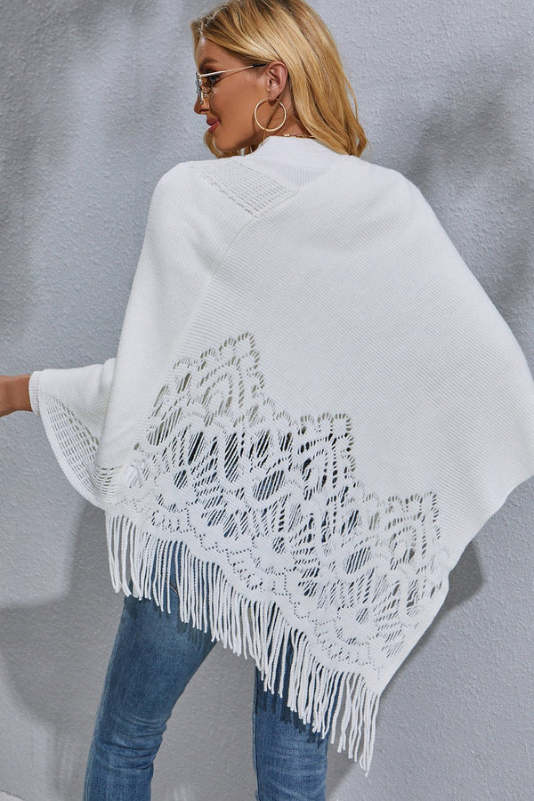 Round Neck Fringe Detail Poncho - Opulent EmpireRound Neck Fringe Detail PonchoOpulent EmpireClothing