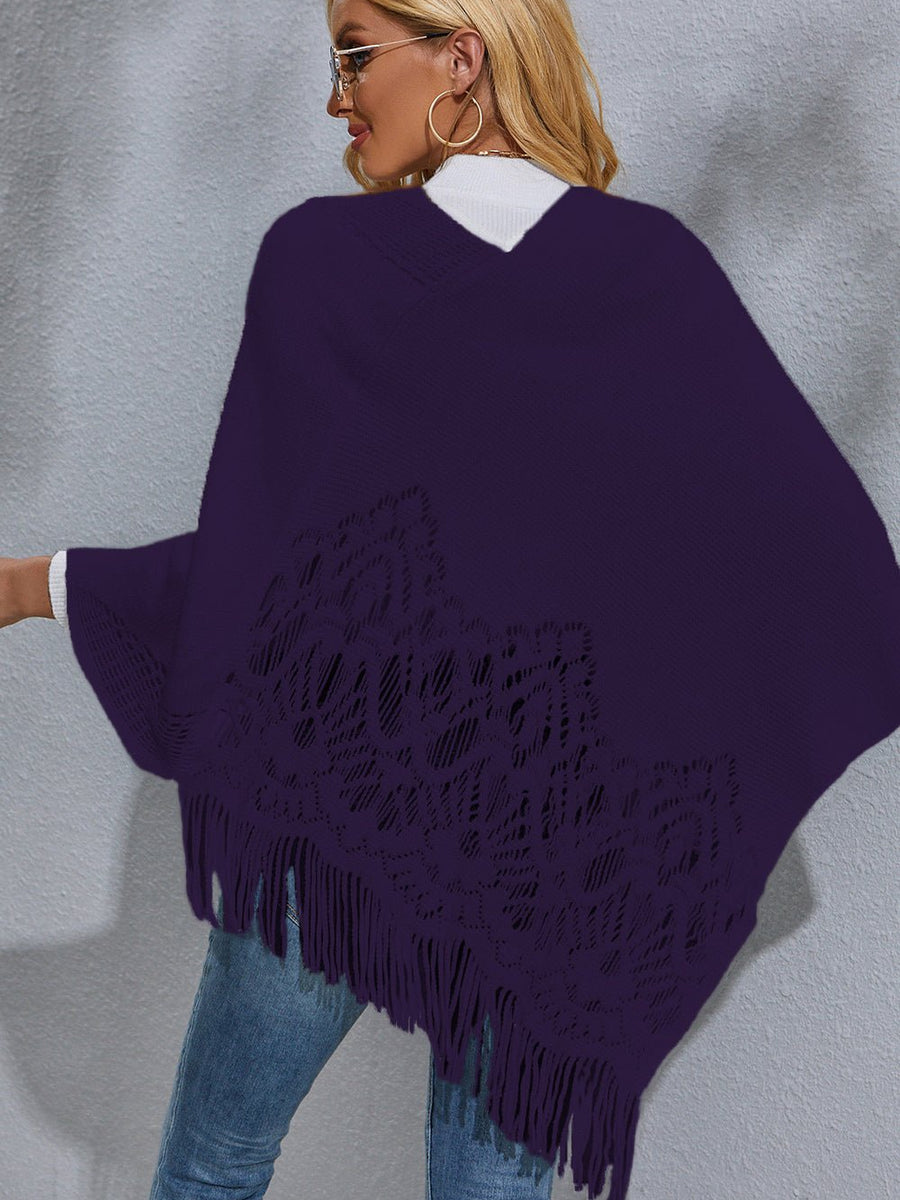 Round Neck Fringe Detail Poncho - Opulent EmpireRound Neck Fringe Detail PonchoOpulent EmpireClothing