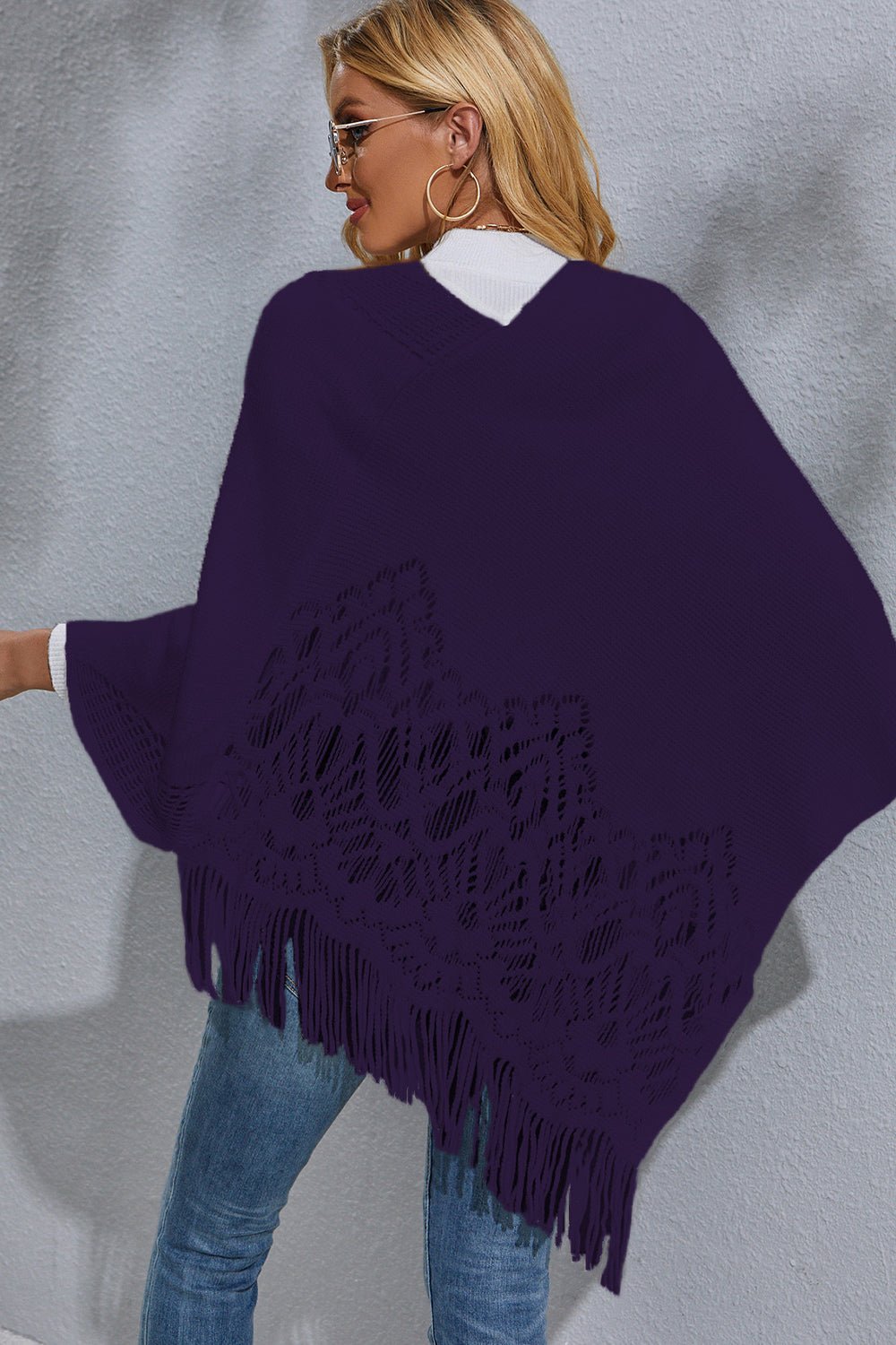 Round Neck Fringe Detail Poncho - Opulent EmpireRound Neck Fringe Detail PonchoOpulent EmpireClothing