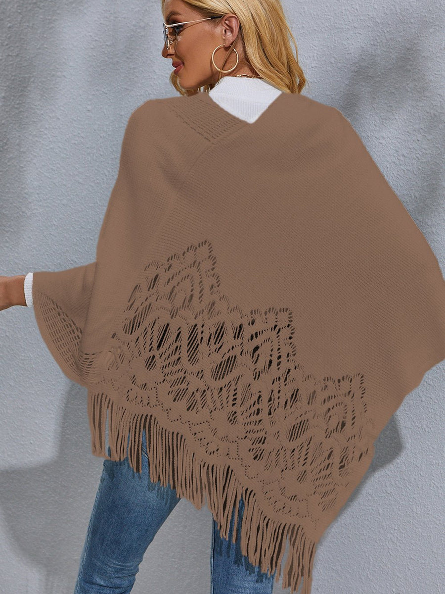 Round Neck Fringe Detail Poncho - Opulent EmpireRound Neck Fringe Detail PonchoOpulent EmpireClothing