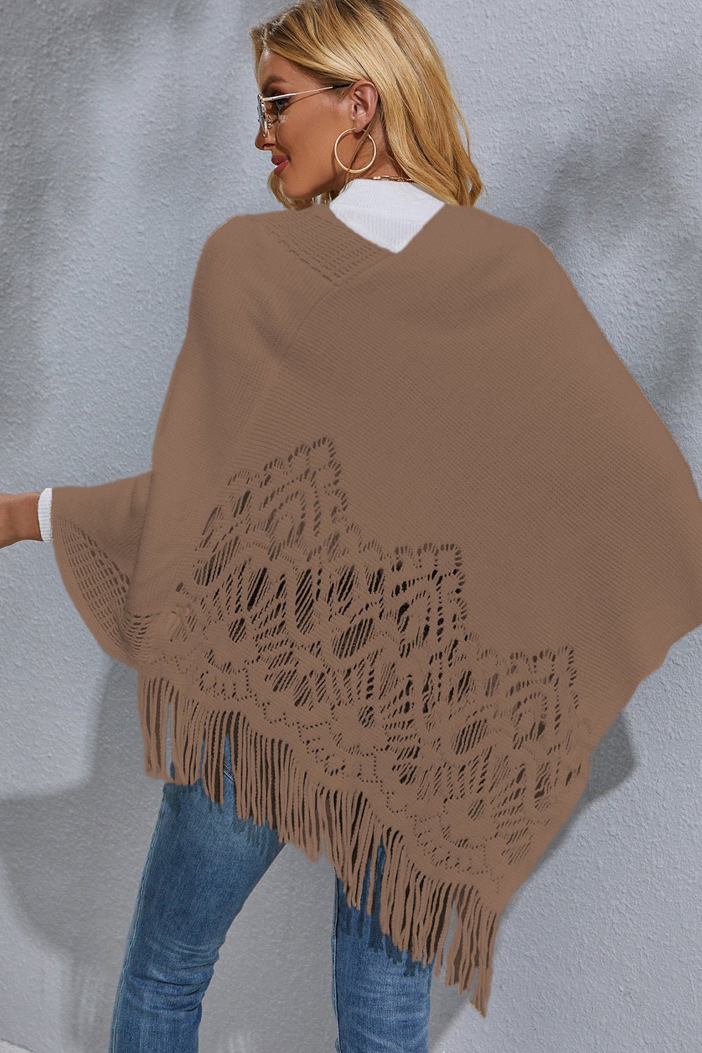 Round Neck Fringe Detail Poncho - Opulent EmpireRound Neck Fringe Detail PonchoOpulent EmpireClothing